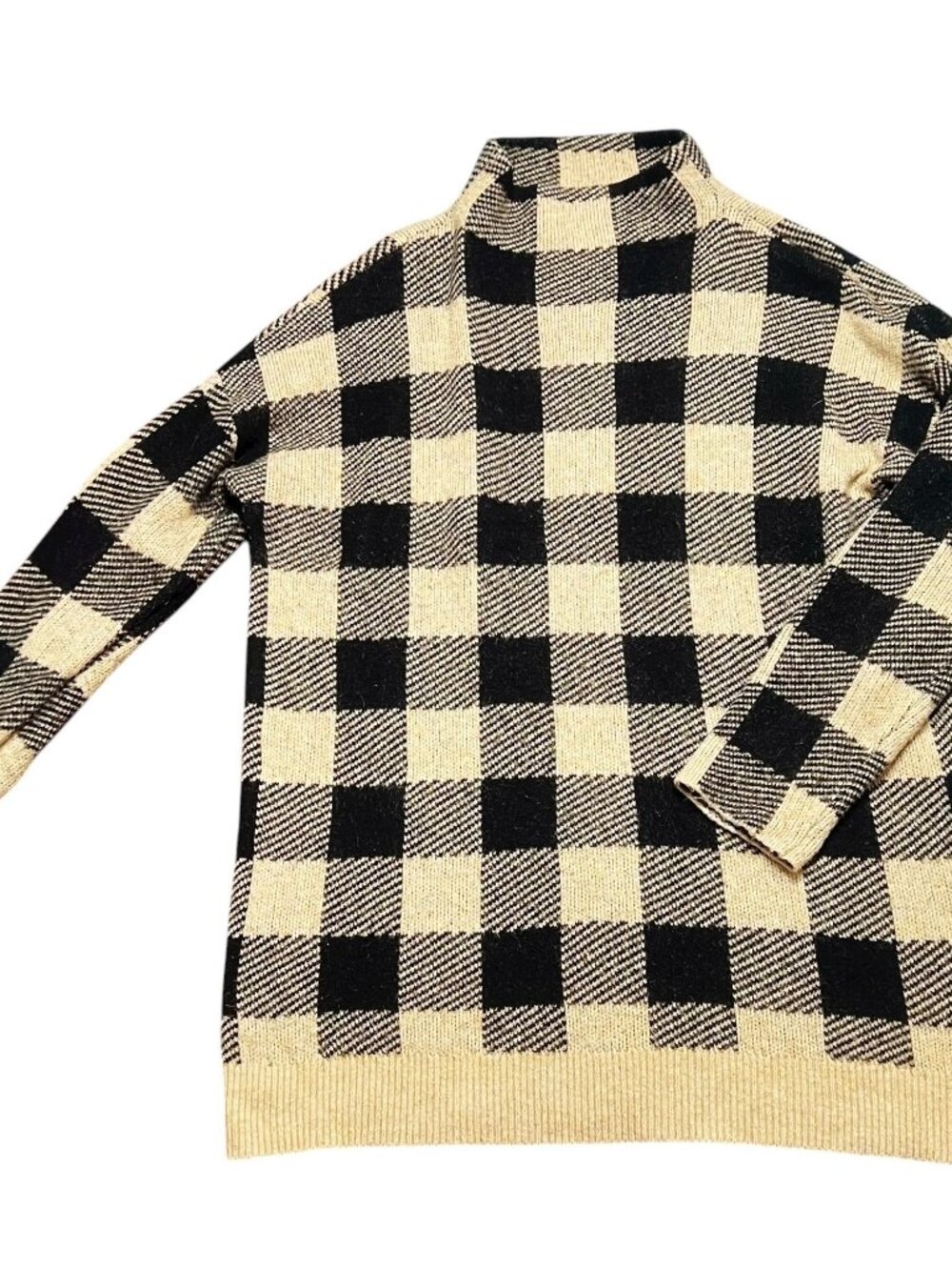 Loft Sweater Womens Size L Tan Black Checkered Plaid Knit Mock Neck Ann Taylor